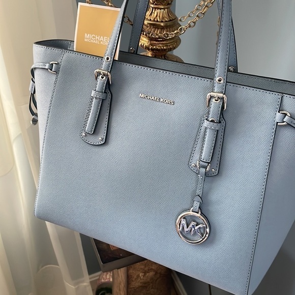 Brand New Michael Kors Voyager Genuine Leather Top Zip Tote Bag Chambray Blue - Picture 5 of 14